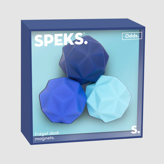 Box of Speks Odds blue fidget desk magnets on a light grey background.