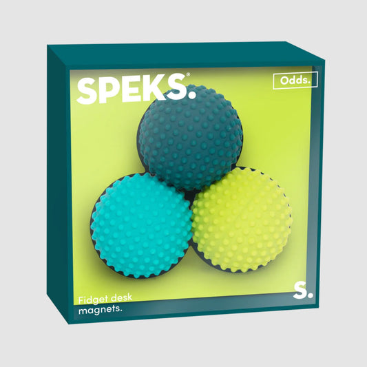 Speks Odds fidget desk magnets packaging with three textured balls on a light gray background