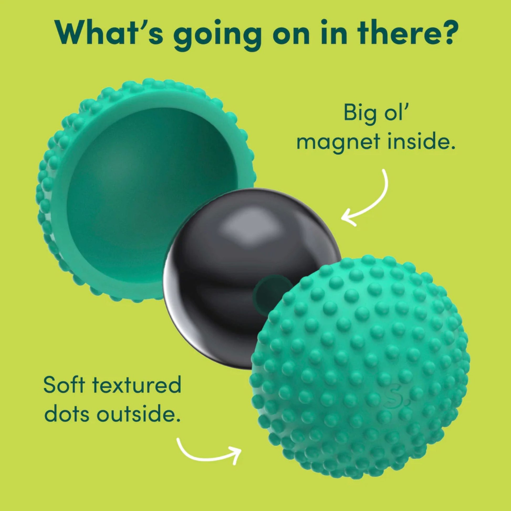 Teal Speks Odds rubberised silicone ball with a black magnet inside on a green background