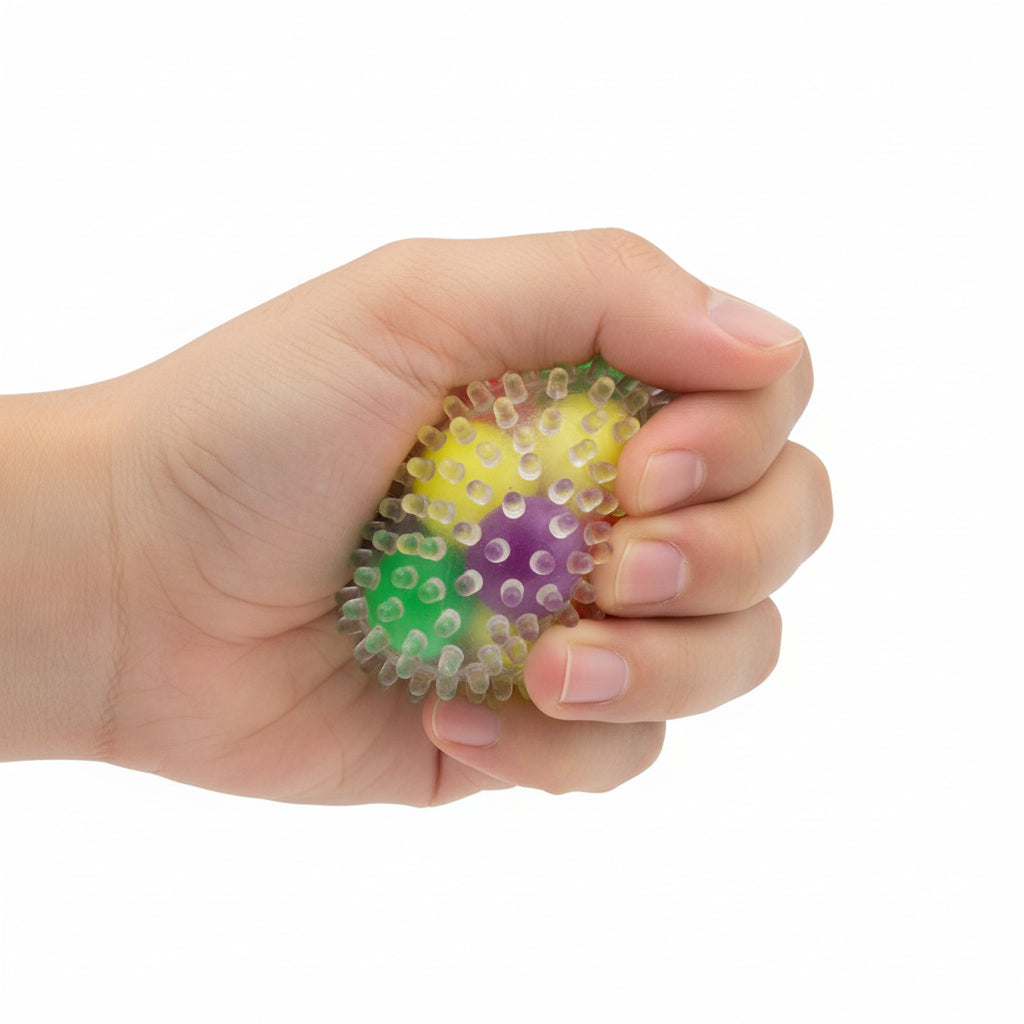 Colourful squishy stress ball with a textured surface on a white background