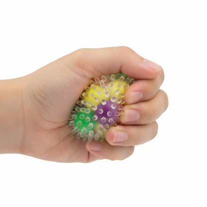 Colourful squishy stress ball with a textured surface on a white background