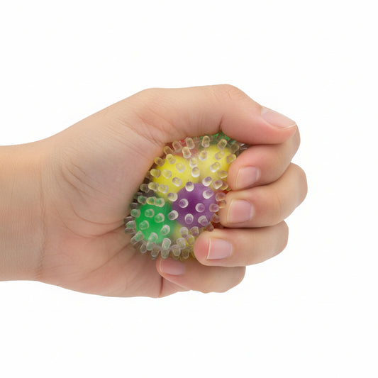 Colourful squishy stress ball with a textured surface on a white background