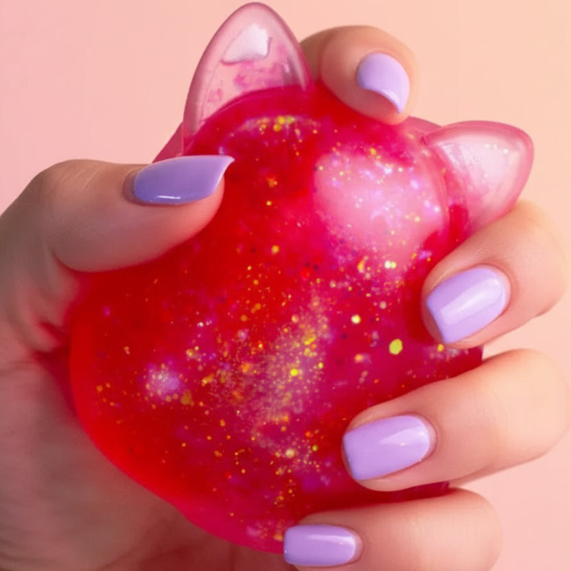 Hand holding a pink and red glittery Squishmallow squishy toy against a peach background