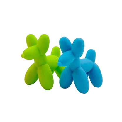 Two colourful balloon animal dog fidget toys, one green and one blue, on a white background.