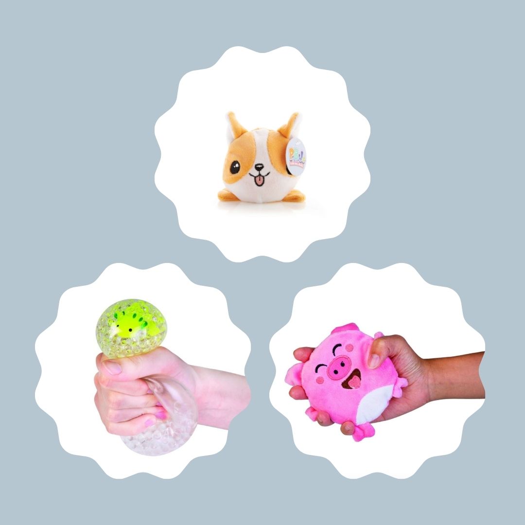 Three animal squish balls against a blue background