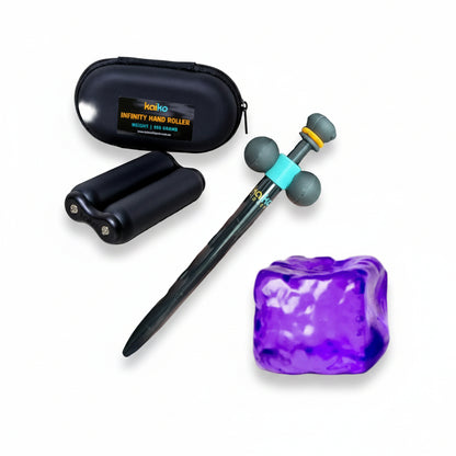 An infinity hand roller set on a white background, including a black zippered carrying case, a fidget ballpoint pen, and a purple textured squishy