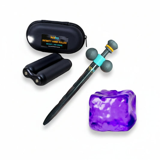 An infinity hand roller set on a white background, including a black zippered carrying case, a fidget ballpoint pen, and a purple textured squishy