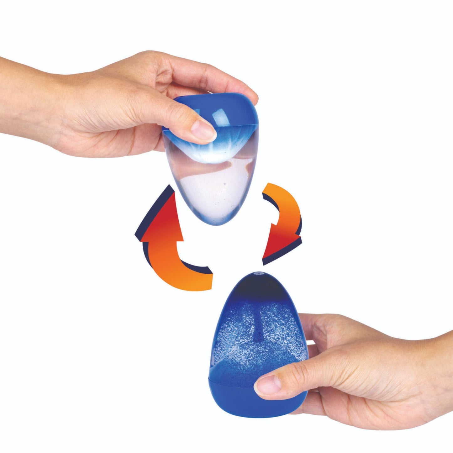 Blue volcano liquid timer for sensory play held by hands on a white background