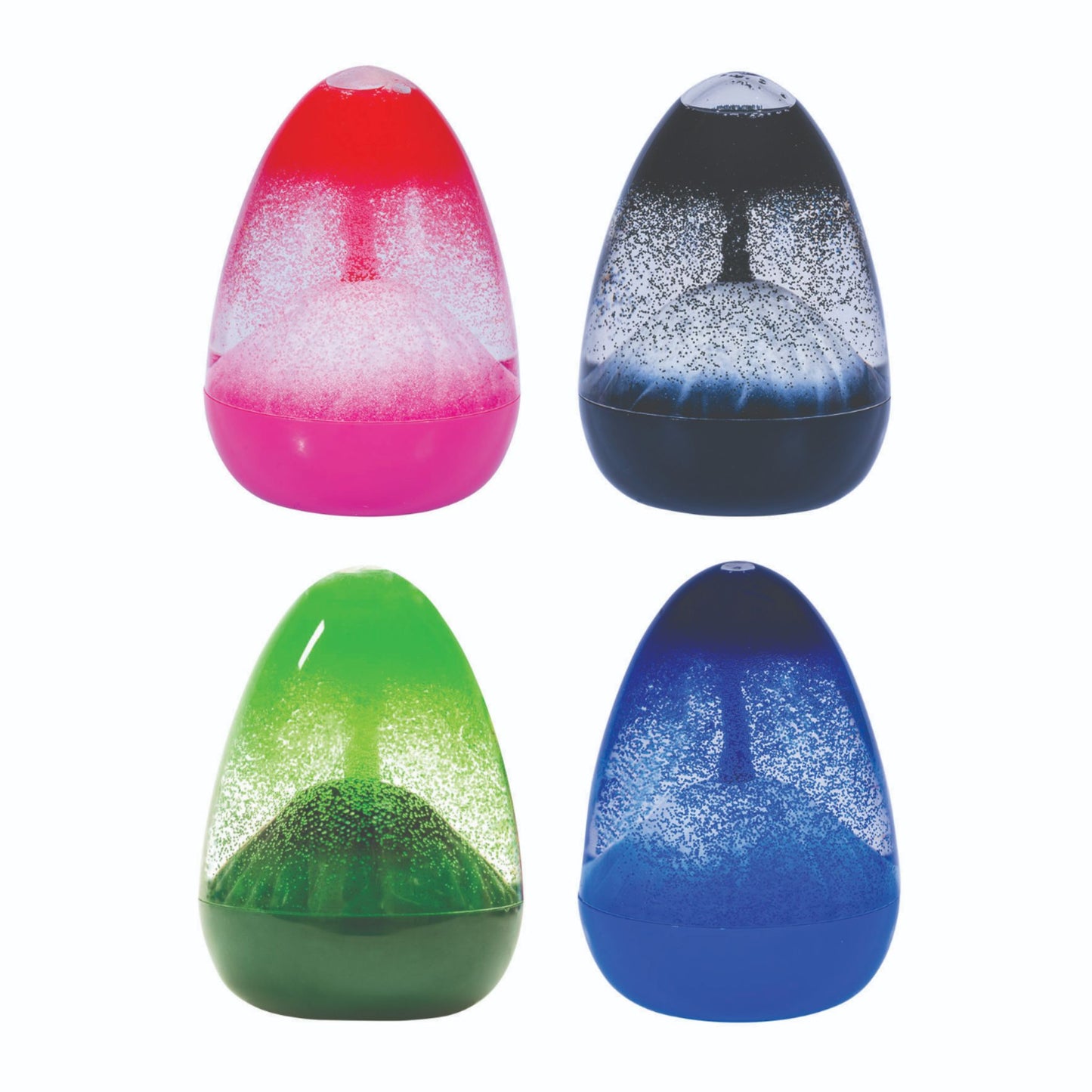 Four colourful volcano liquid timers for sensory play on a white background