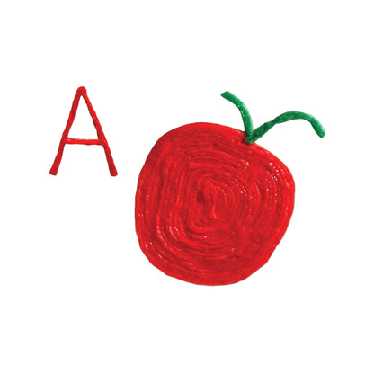 Wikki Stik creation of a red apple with a green stem and a red letter 'A' on a white background