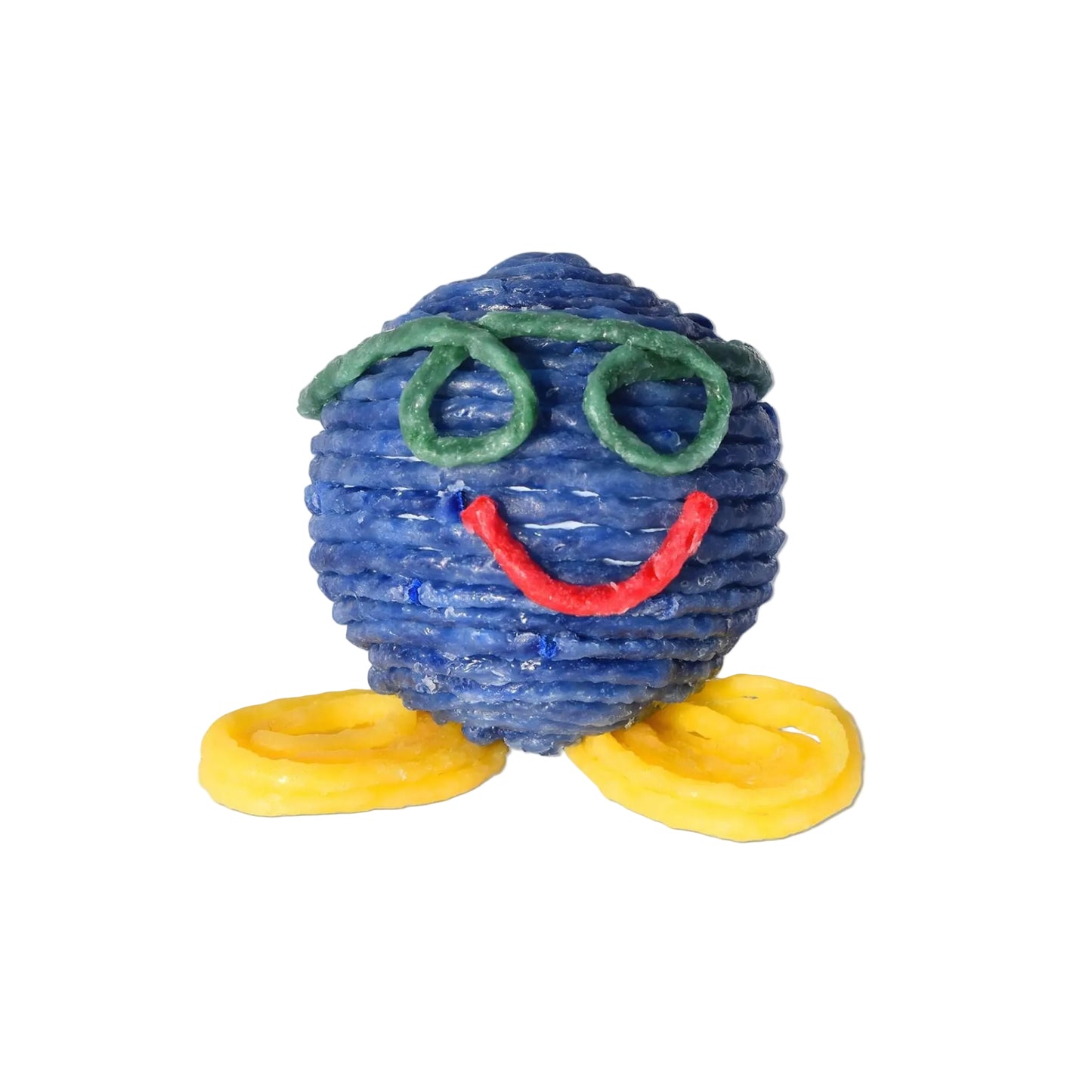 Colourful Wikki Stix  figure with a blue body, green hair, red smile, and yellow shoes on a white background