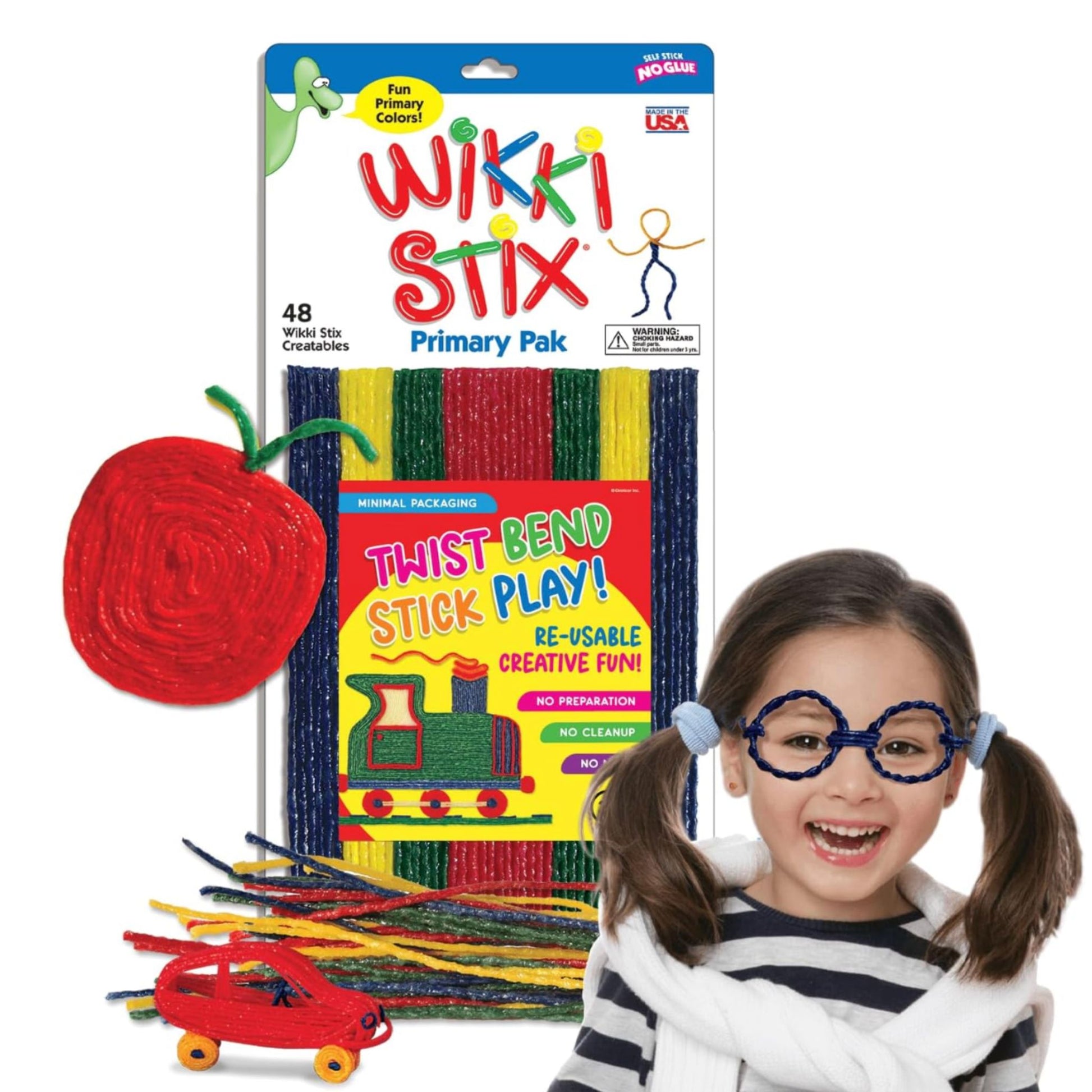 Wikki Stix Primary Pak with colourful sticks and a girl wearing glasses, on a white background