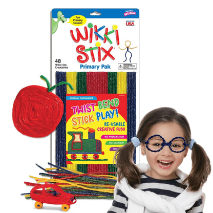 Wikki Stix Primary Pak with colourful sticks and a girl wearing glasses, on a white background