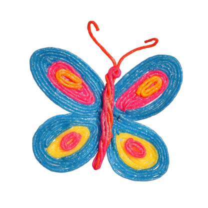 Colourful butterfly-shaped Wikki Stix creation on a white background