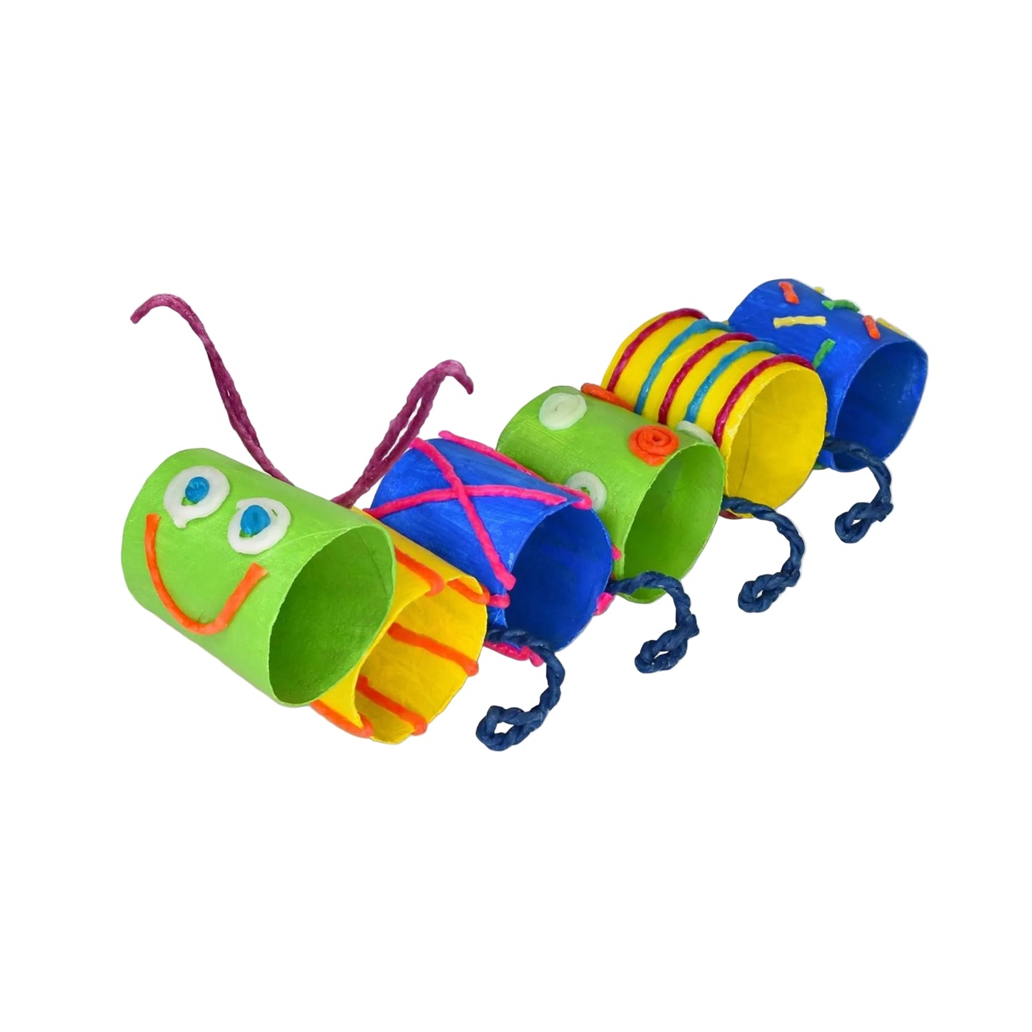 Colorful caterpillar made from paper rolls on a white background