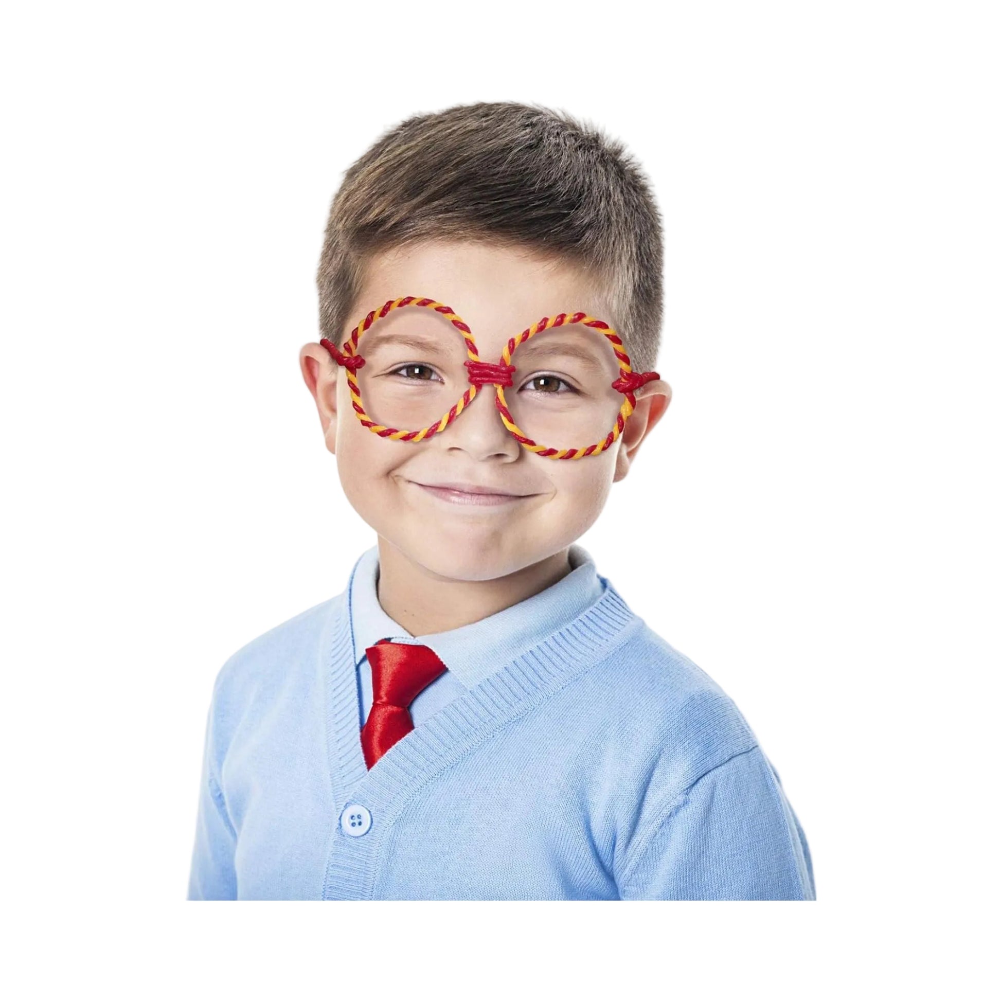 Child wearing a Wikki Stix glasses sensory play creation on a white background