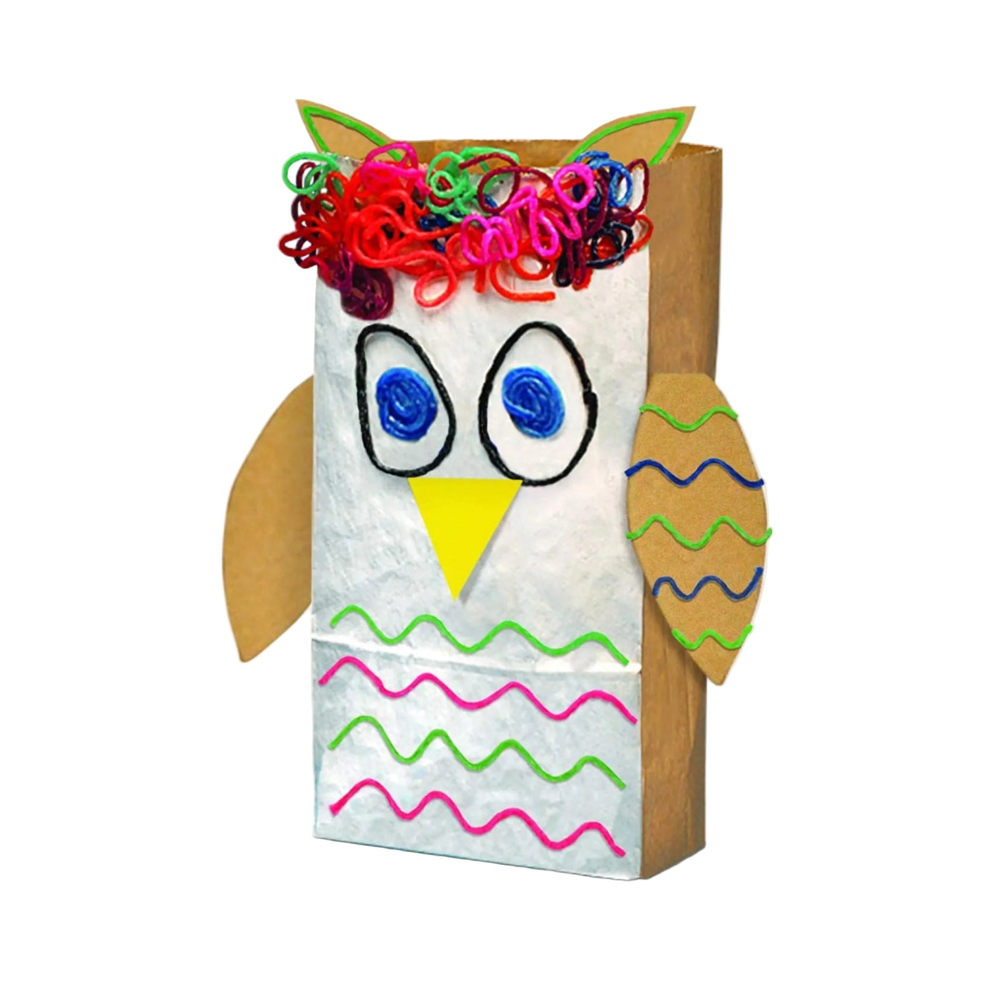 Colorful owl craft made from paper and cardboard on a white background