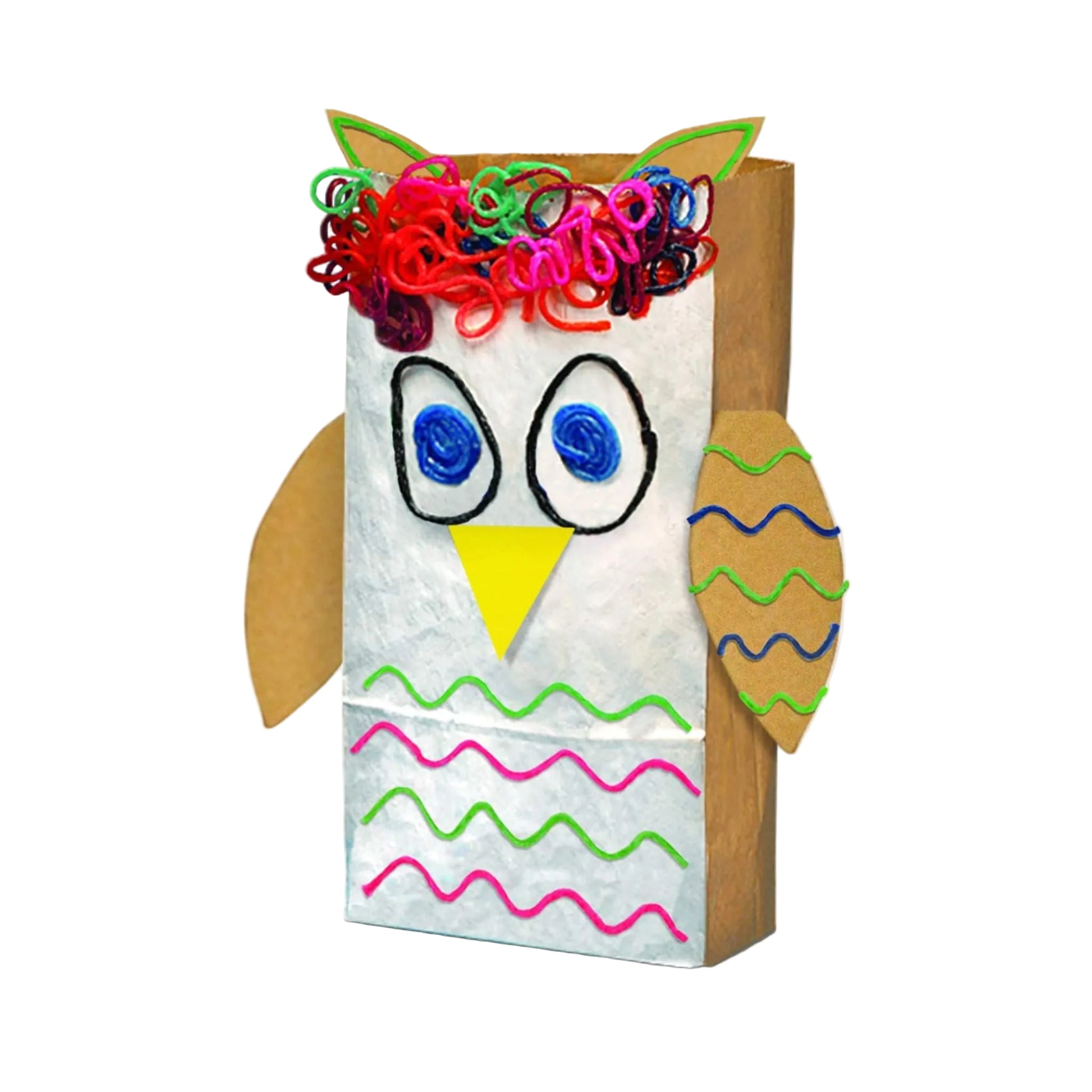 Colorful owl craft made from paper and cardboard on a white background