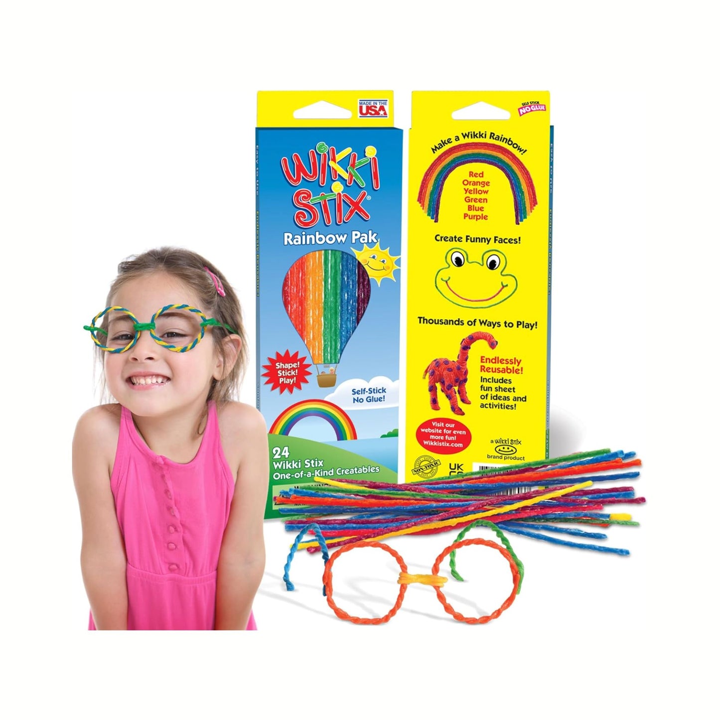 Child wearing colorful glasses with Wikki Stix and packaging on a white background