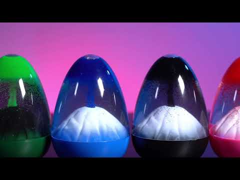 Demonstration of four colourful volcano liquid timers for sensory play.